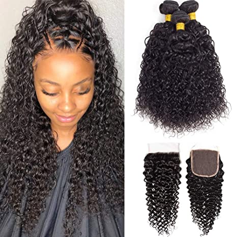 3 Bundles Kinky Curly With 4x4 Closure Brazilian Human Hair Natural Black Color (8A)