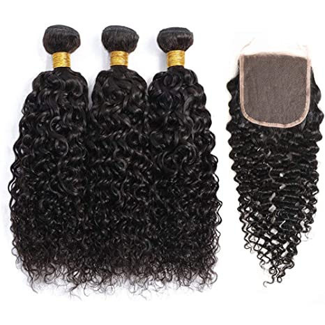 3 Bundles Kinky Curly With 4x4 Closure Brazilian Human Hair Natural Black Color (8A)