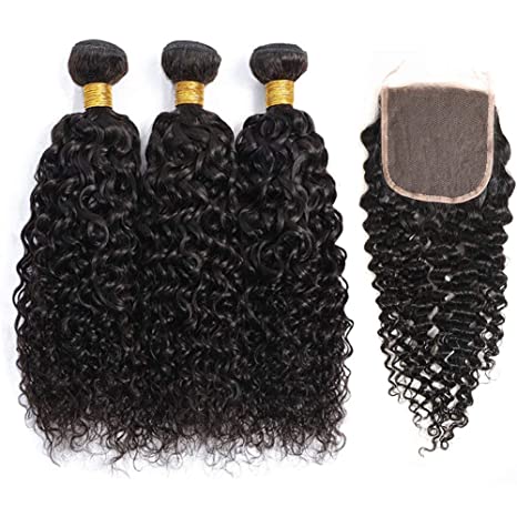 3 Bundles Kinky Curly With 4x4 Closure Brazilian Human Hair  Natural Black Color （8A）